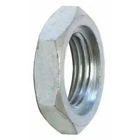 This locknut is a medium-pressure threaded pipe fitting made of malleable iron with 1 1/2 inch NPT threads. It is used to secure pipes or fittings in industrial piping systems, providing a leak-resistant connection in plumbing, HVAC, and process lines