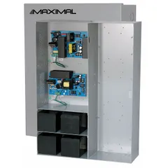 The ALTRONIX MAXIMAL37E is a power supply board housed in a steel enclosure. It accepts 115V AC input and delivers dual-voltage DC output: 12VDC at 6A and 24VDC at 10A, with a maximum total of 16A. This unit is used in industrial control panels, security systems, and access control applications requiring regulated DC power.