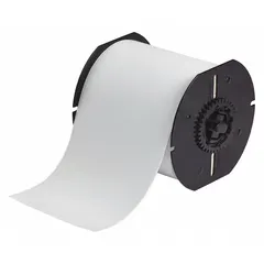 Continuous label roll measuring 4 in x 130 ft, made of polyester with a gray matte finish for indoor use. Compatible with BBP33 printer series for producing custom-length labels in industrial labeling applications.