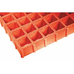 FIBERGRATE fiberglass molded grating designed for acid and impact resistance. Each panel measures 4 ft x 4 ft nominal size (WxL). Supplied as a 2-pack (MPN 263455.02). Used for industrial flooring in environments requiring chemical and physical durability.
