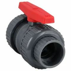 This 3-inch PVC ball valve features a straight, standard-port design with socket x FNPT connections and lever operation. It is used for on/off flow control in industrial piping systems handling water, chemicals, or corrosive fluids.