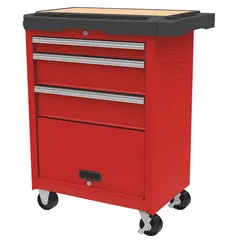 This WESTWARD rolling tool workstation provides mobile storage for tools and equipment in maintenance shops, garages, and industrial facilities. The cabinet measures 34 5/16 inches wide by 19 1/2 inches deep by 39 5/16 inches high, with red drawer fronts for organized access to hand tools and small parts.