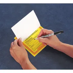 Self-laminating label (6 in x 6 in) with yellow background and message stating federal law prohibits improper disposal. Used for marking hazardous waste containers in compliance with U.S. regulations. Pack of 100.