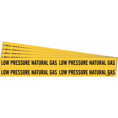 BRADY Pipe Marker: Low Pressure Natural Gas, Yellow, Black, Fits 3/4 to 2 3/8 in Pipe O.D. - Low Pressure Natural Gas Adhesive Pipe Markers