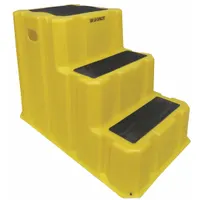 This DPI box step stool is made of yellow plastic with three steps. It has an overall height of 1.7 ft and a standing height of 1.6 ft, supporting a load capacity of 500 lb. Suitable for providing safe elevated access in industrial or warehouse settings for tasks such as maintenance, stocking, or assembly