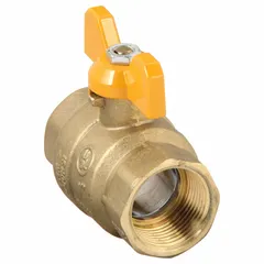 This brass ball valve features a straight body with FNPT x FNPT connections and a full port ball port for minimal flow restriction. The tee handle provides manual on/off control. Suitable for use in plumbing and industrial piping systems for water, oil, and gas applications.