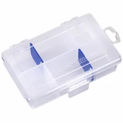 Clear plastic compartmented box with 6 compartments and 2 adjustable dividers. Compartment dimensions: 4-5/16 in x 1-1/8 in. Not electrostatic discharge conductive. Suitable for organizing small parts such as screws, nuts, and electronic components in workshops or labs.