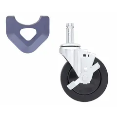 Swivel caster with brake, designed for Metro Plastic Shelving. Features a 5-inch solid rubber wheel and steel frame. Suitable for use on hard floors in commercial and industrial storage environments.