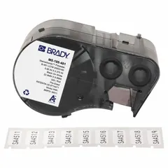 Autoclavable polyester precut label roll cartridge, black on white, measuring 3/8 in x 1 in. Designed for use with the M510 printer series. Suitable for labeling equipment, tools, and instruments that require sterilization in industrial environments.