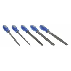This file set includes five 8-inch files: flat, half round, round, square, and triangular. It comes with a handle and a pouch for storage. Suitable for shaping, smoothing, and deburring metal and wood in general maintenance and fabrication tasks.