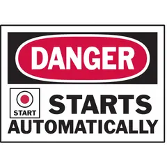Adhesive-mounted polyester danger signs warning of automatic start-up hazards. Each sign measures 3 1/2 x 5 in with 0.01 in thickness. Suitable for application on machinery, equipment panels, or control cabinets in industrial environments. Pack of 5.