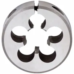 This adjustable round threading die is made of high-speed steel with a 1 1/2 in outer diameter. It is used for cutting external threads on rods or bolts in general industrial maintenance, repair, and fabrication applications.