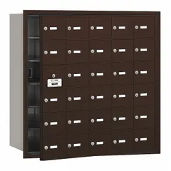 Horizontal multi-unit mailbox with 30 lockable front-access doors. Measures 35 1/4 in H x 35 3/4 in W x 16 1/2 in D. Designed for recessed mounting in multi-tenant residential or commercial buildings requiring centralized mail distribution.