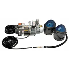 Complete supplied air respiratory system for two users. Includes two Allegro 9904 helmets with integrated shield/headgear. Powered by a 1 1/2 hp pump with 50 ft hose length. Suitable for environments requiring breathable air, such as painting, chemical handling, and abrasive blasting.
