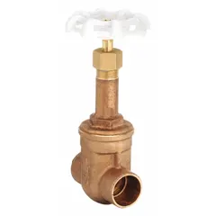 This 1/2 in bronze gate valve features a rising stem, sweat x sweat connections, and a wheel handle. It is rated for 300 psi CWP and includes a solid bronze wedge and bronze bonnet. Designed for use in potable water systems, it provides reliable shut-off control in plumbing applications.