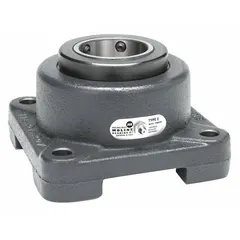 This flange-mount tapered roller bearing features a 3 3/16 in cylindrical bore and a cast iron housing with set-screw locking. It is lubricated with lithium complex grease and requires a 3/4 in mounting bolt. The inch-system bearing supports radial and axial loads in industrial machinery such as conveyors, fans, and pumps.