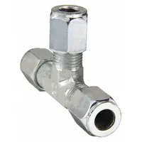 Steel compression tee fitting from the Ferulok series, designed for connecting three tubes in hydraulic or pneumatic systems. Features a flareless bite-type design that creates a leak-proof seal without flaring, suitable for high-pressure fluid power applications. Thread size: 3/4"-16