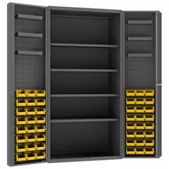 Assembled steel cabinet with gray powder-coated finish. Includes 48 yellow deep-box bins (4 in x 5 in x 3 in) and 10 shelves. Panel is 14 ga steel. Designed for organizing small parts, fasteners, and tools in industrial workshops, warehouses, and maintenance facilities.