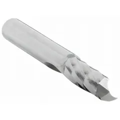 Solid carbide router bit with super spiral O-flute geometry for cutting plastics, wood, and aluminum. Features 1/4" cut diameter and 1-1/2" length of cut. Suitable for CNC and hand-router applications in woodworking, sign-making, and light metal fabrication.