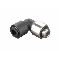 This tube fitting features a BSPP thread on one end and a push-to-connect connection for 6 mm OD tubing. Constructed from nylon and nickel-plated brass, it is suited for pneumatic and fluid systems where quick assembly and disassembly are required. The 27 mm overall length accommodates space-constrained installations