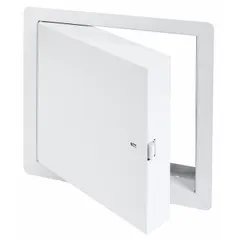 This steel locking access door measures 12 inches wide and 12 inches high, with a 16 ga steel frame and exposed flange. It features a piano hinge and a powder-coated white finish. Designed for ceiling mounting, it provides secure access to ceiling spaces for maintenance of building systems.