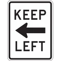 This MUTCD R4-8A compliant keep left sign is fabricated from 0.08 in thick aluminum with a nominal size of 24 x 18 in. The high-intensity prismatic retroreflective grade provides visibility in low-light conditions. It is used to direct traffic to the left of islands or obstructions in roadways, parking lots, and construction zones