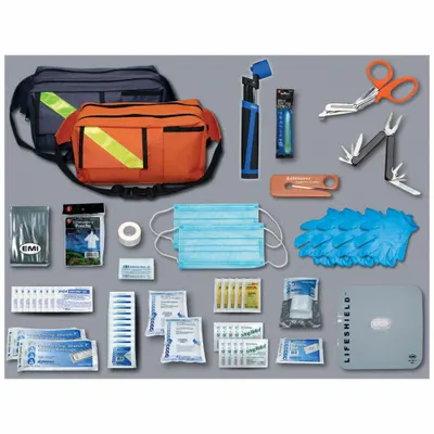 EMI Ready Emergency Kit: 63 Components, Nylon, Bag, Black, No Medication Included - Fanny Pack Trauma Kits