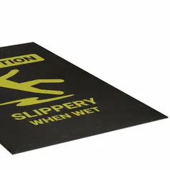 This 3 ft x 5 ft polypropylene entrance mat features an adhesive backing for secure placement. At 1/8 in thick, it is designed for use at building entrances to provide a slip-resistant surface and display a caution message. Suitable for industrial and commercial facilities where floor wetness is a concern.