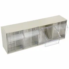 This tip-out bin from AKRO-MILS is designed for mounting on frames, panels, rails, or walls. It provides organized storage for small parts in industrial workstations, assembly lines, and maintenance areas. The bin is beige with an unfinished finish.