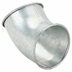 Steel elbow for 5 in duct diameter with a 45° angle, 7 3/4 in overall length, and 1 in centerline radius. Used to change airflow direction in ventilation, dust collection, and exhaust ductwork systems.