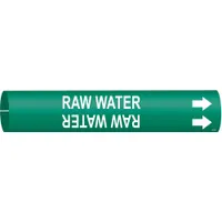 This snap-on pipe marker identifies raw water lines. It features a green background with white legend and directional arrows. Designed for pipe outer diameters from 1-1/2 to 2-3/8 inches. Suitable for industrial piping systems requiring clear content and flow direction labeling