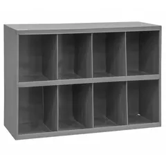 Steel lipped compartmented shelving unit with gray finish. Contains 8 fixed-size compartments, each 8-1/4 in wide x 12 in deep x 10 in high. Overall dimensions: 34 in wide x 12 in deep x 24 in high. Used for organizing small parts, tools, or documents in industrial storage and workspace environments.
