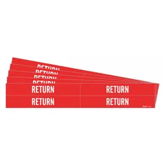 Red adhesive pipe marker with white 'Return' legend, designed for pipe outer diameters from 3/4 to 2-3/8 inches. Each pack contains 4 markers without arrows, supplied in a 5-pack quantity. Used to identify return lines in industrial piping systems.