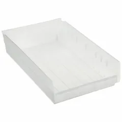 This clear polypropylene shelf bin is designed for organizing small parts and components on shelving in industrial workstations, warehouses, and assembly lines. Its transparent construction allows quick visual inventory checks without opening the bin. The bin is nesting capable for space-efficient storage when not in use, but is not hangable. It is not electrostatic discharge conductive and does not include dividers.