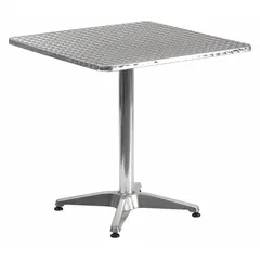 This square top patio table features a gray metal tabletop and a gray aluminum frame. Overall height and width are both 27 1/2 inches. Suitable for outdoor dining, entertaining, or as a compact side table on decks, patios, or balconies.