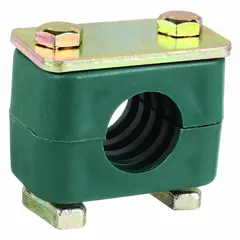 Steel clamp with polypropylene cushion for securing single lines. Ribbed bore provides grip and dampens vibration. Used in industrial piping systems for hydraulic, pneumatic, and process lines.