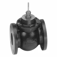 This 2-way flanged globe valve features a cast iron body and stainless steel stem. It has a CV flow rating of 150, 4-inch flanged connections, and stem-down-to-close action. The valve is normally open (NO). Suitable for hydronic HVAC systems requiring modulation or shut-off of water flow.