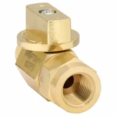 Mini brass ball valve with 1/4 in connection, straight body, and full port ball port. Features female NPT x male NPT ends and a tee handle. Used for on/off or flow control in compact piping systems.
