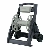 Tan plastic garden hose cart with 15 in reel diameter and two wheels. Holds up to 225 ft of 5/8 in I.D. hose. Supports maximum operating pressure of 150 psi. Overall dimensions: 23 in L x 20 in W x 32-1/2 in H. Hose not included