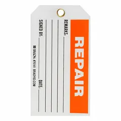 Rectangular polyester safety tag with black/orange/white design, measuring 5 3/4 in wide by 3 in high. Suitable for indoor/outdoor use in English. Used to mark equipment awaiting repair in industrial maintenance and lockout/tagout programs. Supplied in a 25-pack.