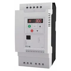 This Eaton PowerXL DC1 compact variable frequency drive is rated for 1 1/2 hp with three-phase output. It features an IP21 enclosure for indoor use, no bypass, and a white finish. Suitable for controlling speed and torque of three-phase induction motors in applications such as conveyors, pumps, and fans.