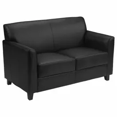 This loveseat features a black faux leather upholstery with a wood frame. It offers a 42-inch seat width and 19 1/2-inch seat depth, suitable for compact seating in living rooms, waiting areas, or office reception spaces.