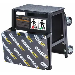 Fixed steel creeper with 350 lb max load capacity and 18 in seat height. Platform measures 9-1/2 in x 14 in x 9-1/2 in. Used for accessing vehicle and equipment undersides during maintenance and repair.