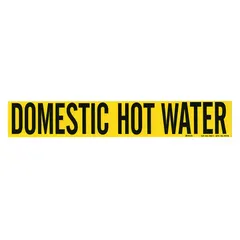 Yellow adhesive pipe marker with black legend reading 'Domestic Hot Water'. Fits pipe outer diameters from 2-1/2 to 7-7/8 inches. Supplied without arrows. Used for identifying domestic hot water piping in industrial and commercial facilities.