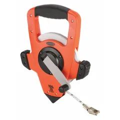 KESON NRS10100H open-reel long tape measure with a 100 ft steel blade graduated in SAE/Engineers scale of 1/100 ft. Features a single-sided graduation, nonmagnetic single hook end, and a plastic reel. Suitable for measuring long distances in construction, surveying, and engineering applications.