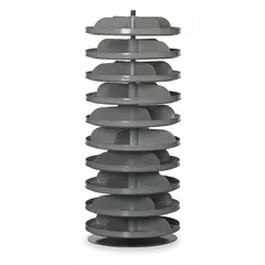 This revolving storage bin features 10 flat-bottom levels, each with 4 bins, providing organized storage for small parts and tools. The unit rotates for easy access to all bins, suitable for workshops and warehouses. Dimensions: 41 3/8 in x 17 in.