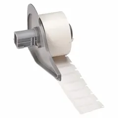 Thermal transfer precut label roll measuring 1/2 in x 29/32 in. Features an acrylic aggressive permanent adhesive for bonding to challenging surfaces. Halogen-free material suitable for industrial identification and labeling in harsh environments. Compatible with BMP71 printer series.