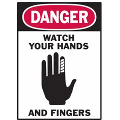 Polyester adhesive sign, 0.01 in thick, 5 in x 3 1/2 in nominal size. Not retroreflective or glow-in-the-dark. Supplied in a 5-pack. Used to warn personnel of hand and finger hazards in industrial environments, suitable for mounting on machinery, panels, or walls.