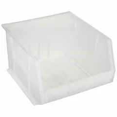 This Clearview Plastic Bin from AKRO-MILS measures 16 1/2 inches by 18 inches by 11 inches and is made of clear plastic, allowing visual identification of stored items. It includes a label holder for labeling contents. Suitable for organizing parts, tools, or components in industrial workstations, warehouses, and assembly lines.