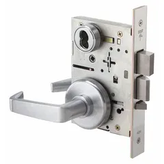This office lever lockset is ADA compliant and features an interchangeable core for quick rekeying. It has an F15 function, a 40H rose, and a Satin Chromium-Plated Stainless Steel finish. Suitable for interior doors in commercial facilities, schools, and healthcare settings where key control and accessibility are required.